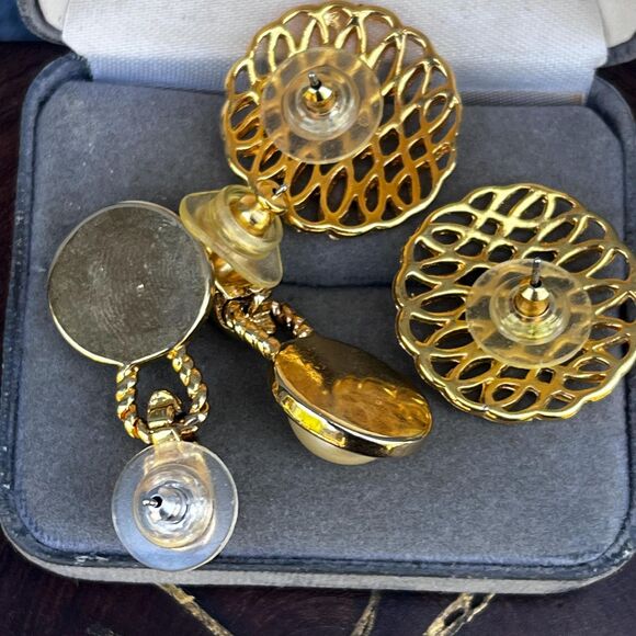 Gold Earring Set Dangle Faux Pearls and 90s Large Studs - Picture 4 of 8